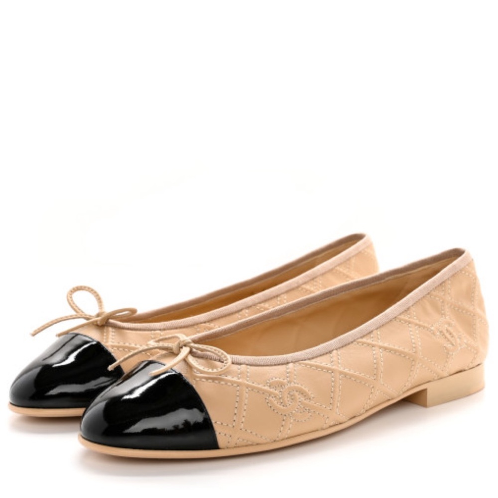 Chanel Lambskin Patent Double Stitched CC Cap Toe Ballerina Flats